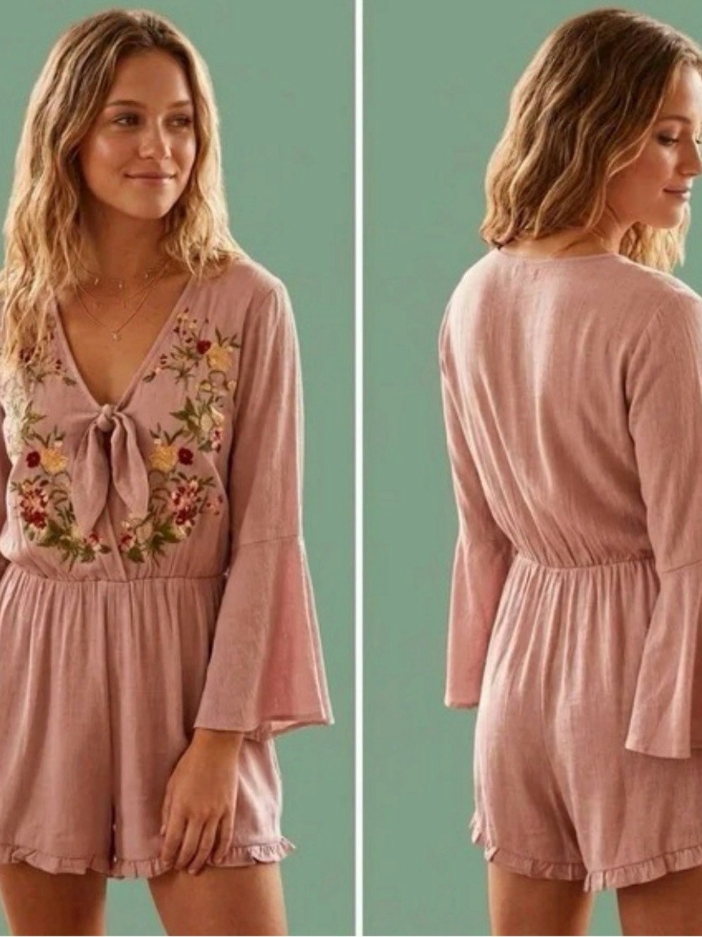 Altar'd State Bell Sleeve Embroidered Romper - M